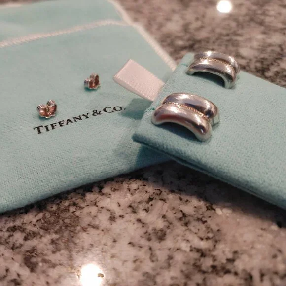 Tiffany & Co. Sterling Silver and 14K Yellow Gold Rope Stud Earrings with pouch - Picture 3 of 16